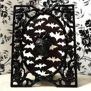 Black & White 3D Anatomical Heart in Decorative Bat Wing Frame •Macabre Goth Art